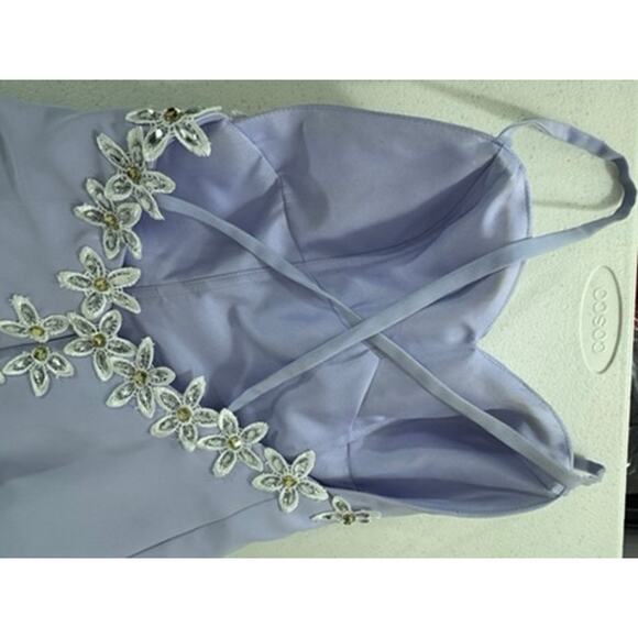 NO Name Elegant Evening Gown Purple Open Back Babydoll Floral Lace Bling Hi- Low - Picture 9 of 12